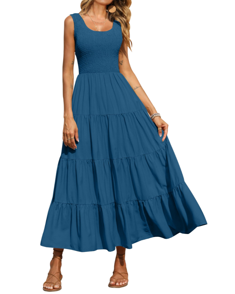 Sophie Abito Donna – Vestito Maxi Smock Senza Maniche con Vita Alta & Gonna a Balze