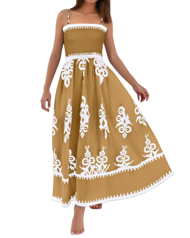 Natalie Vestito Donna Maxi – Abito Boho Smanicato con Stampa & Scollo Quadrato