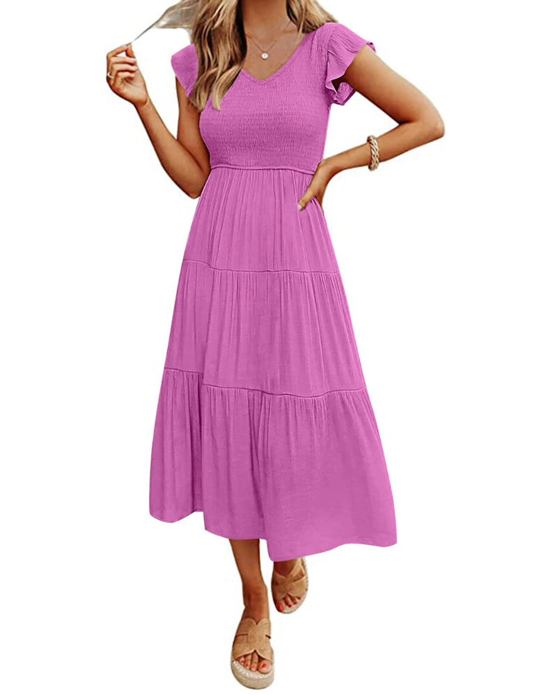 Sienna Abito Donna – Vestito Midi A-Line con Scollo a V, Maniche Flutter & Busto Smock