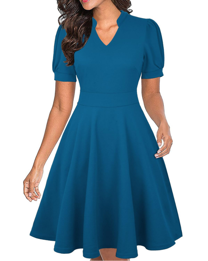 Bella Vestido Mujer – Vestido de Negocios Línea A con Escote en V, Mangas Abullonadas y Bolsillos
