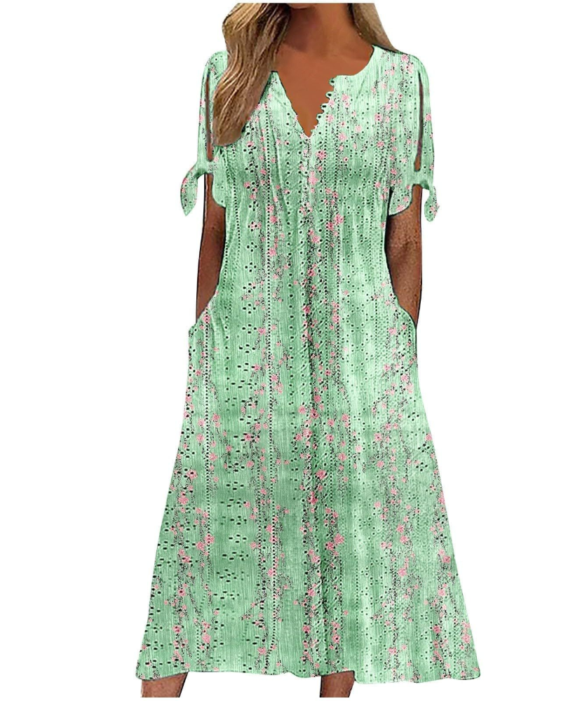 Lillian Abito Midi Mujer – Vestido Boho con Escote en V, Cintura Ajustable y Bolsillos