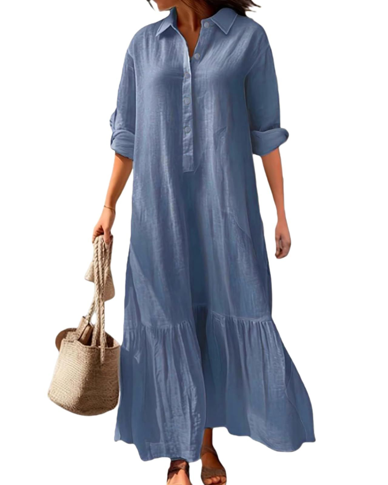 Brooke Abito Lungo Donna – Vestito in Cotone e Lino con Colletto e Orlo Asimmetrico