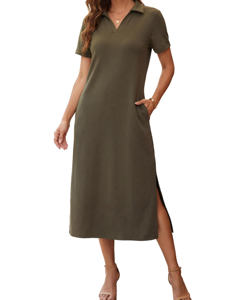 Claire Abito Mujer – Vestido Maxi Polo con Bolsillos, Tejido Suave y Corte A-Line