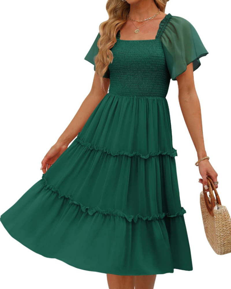 Madison Robe Femme Midi – Robe en Chiffon avec Col Carré et Volants