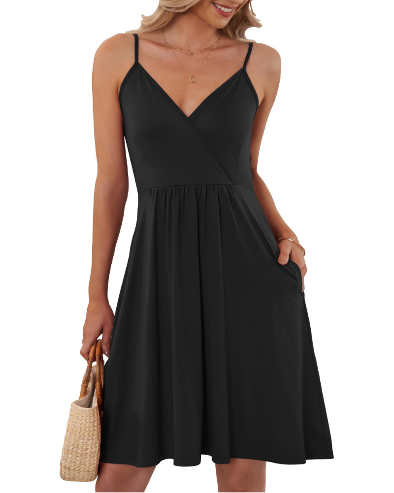 Everly Robe courte pour femme – Encolure en V, bretelles fines et poches latérales