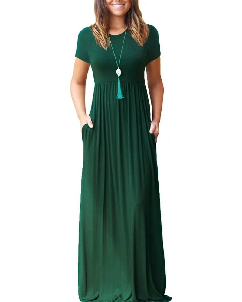 Delphine Abito Maxi Donna – Vestito Lungo con Girocollo, Vita Alta e Tasche