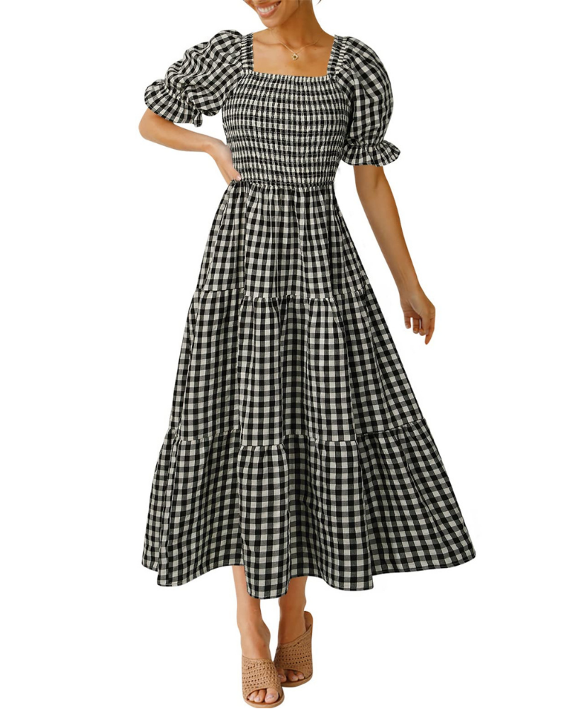 Scarlett Abito Donna – Vestito Midi con Scollo Quadrato, Maniche Puff & Gonna a Volant