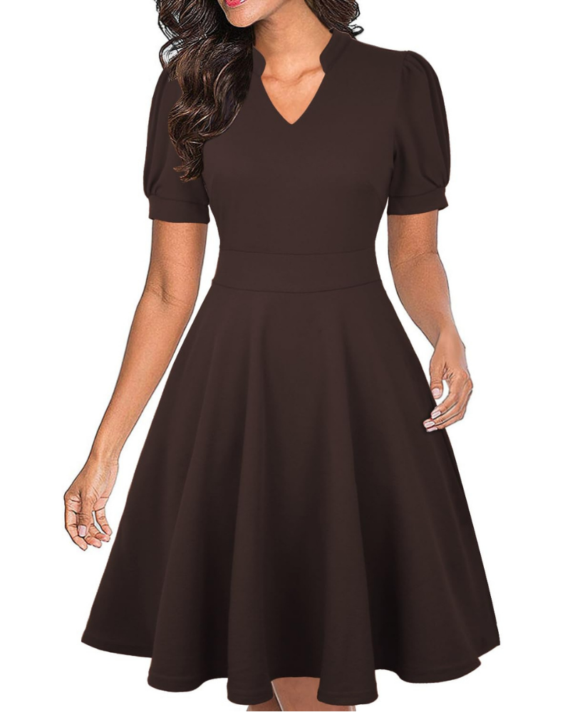 Bella Vestido Mujer – Vestido de Negocios Línea A con Escote en V, Mangas Abullonadas y Bolsillos