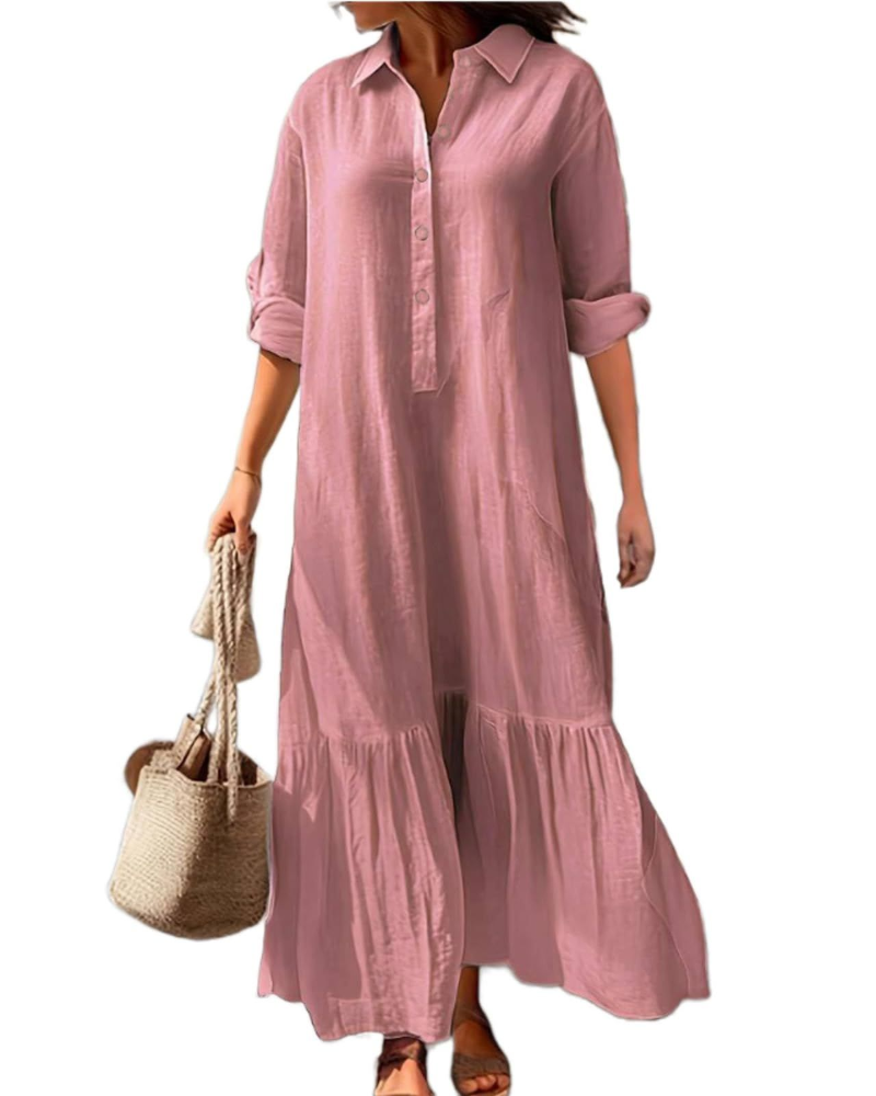 Brooke Abito Lungo Donna – Vestito in Cotone e Lino con Colletto e Orlo Asimmetrico