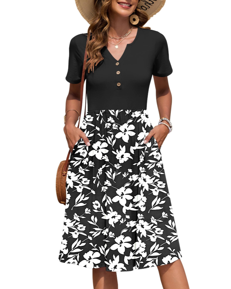 Corinne Abito Midi Donna – Scollo a V, Vita Impero Plissettata e Tasche