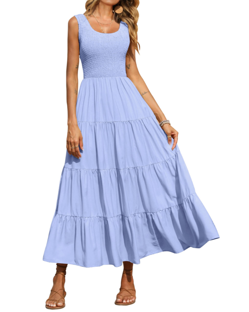 Sophie Abito Donna – Vestito Maxi Smock Senza Maniche con Vita Alta & Gonna a Balze