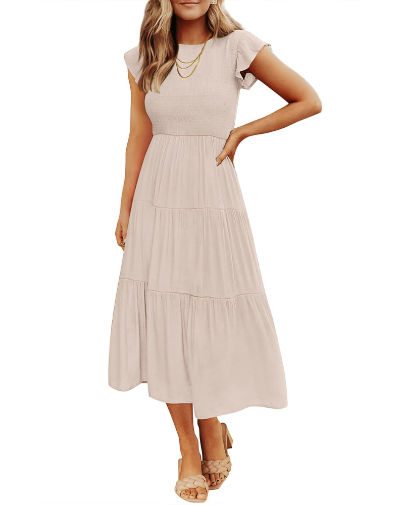 Grace Abito Mujer – Vestido Midi Cottagecore con Busto Fruncido, Mangas Volantes y Falda con Volantes
