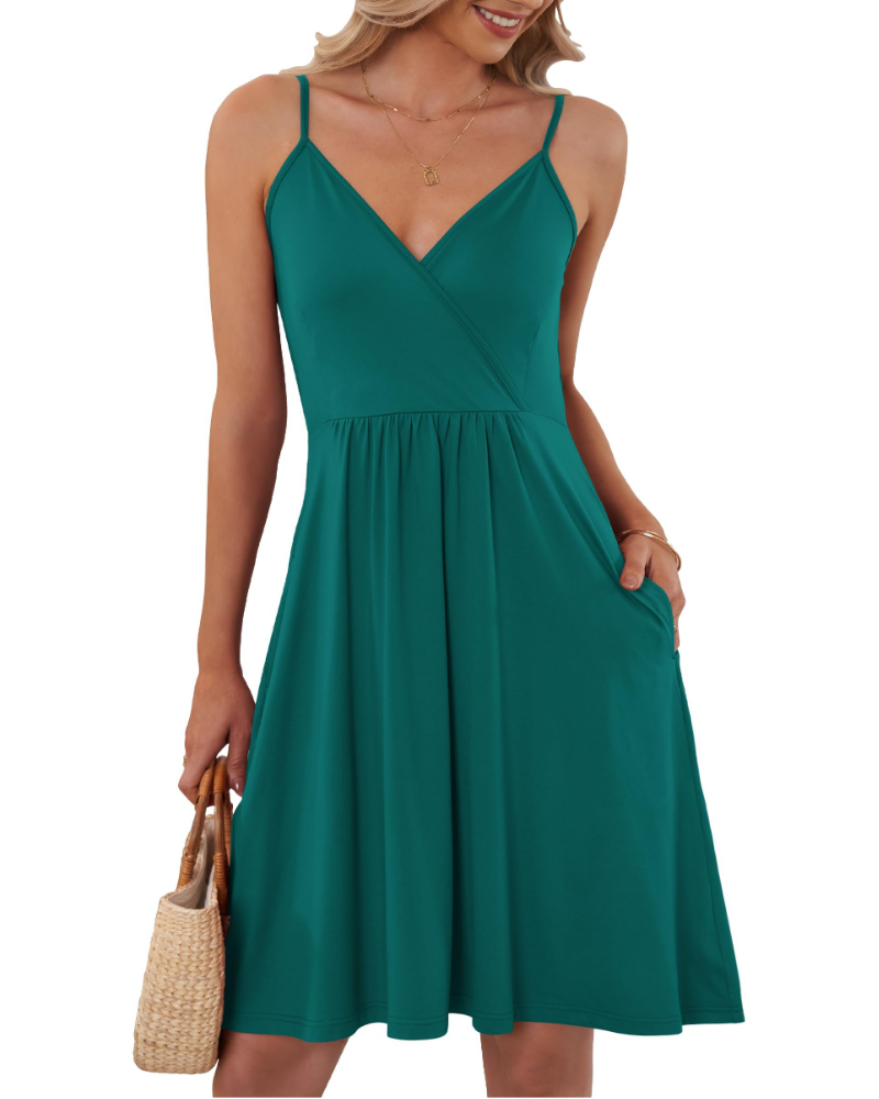 Everly Robe courte pour femme – Encolure en V, bretelles fines et poches latérales