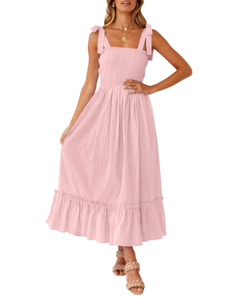 Robe Femme Amelia – Robe Bohème Florale avec Bretelles Nouées, Buste Smocké et Jupe à Volants