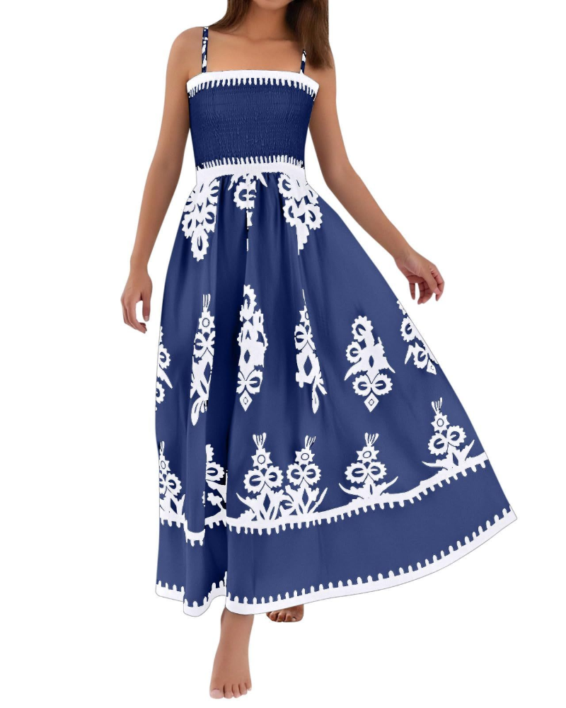 Natalie Vestito Donna Maxi – Abito Boho Smanicato con Stampa & Scollo Quadrato
