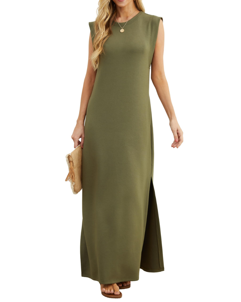 Emily Abito Mujer – Vestido Maxi de Verano Sin Mangas con Cuello Redondo, Bolsillos y Ajuste Fluido