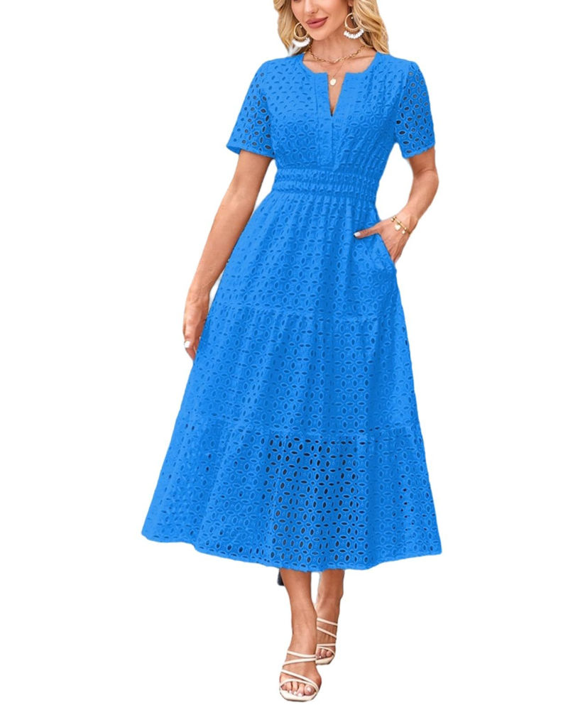 Sophia Vestito Donna Maxi – Abito Estivo in Cotone con Ricamo, Scollo V & Tasche