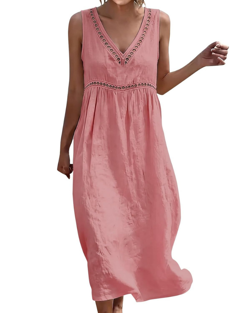 Hadley Curvy Women’s Long Dress – Cotton and Linen, V-Neck, Embroidery and Pockets