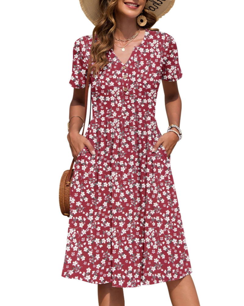 Megan Abito Midi Donna – Vestito Estivo con Scollo a V, Vita Impero e Tasche