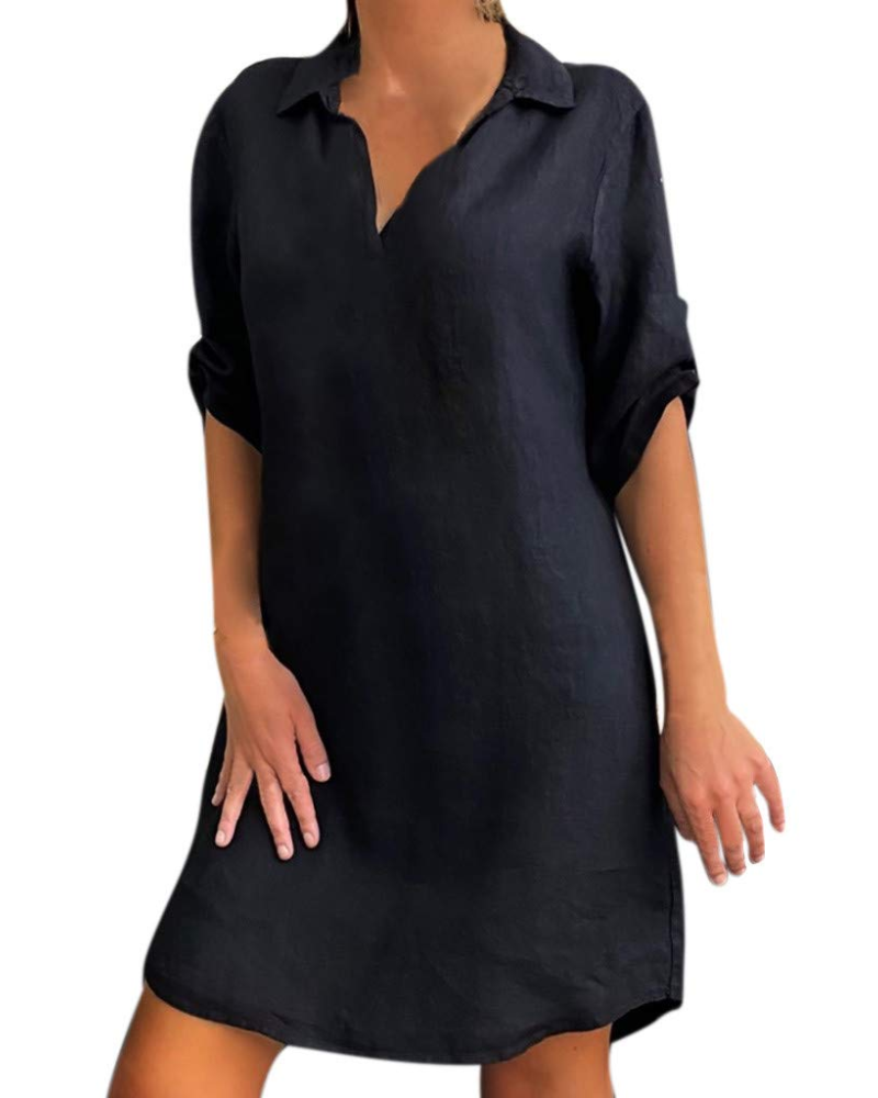 Robe pour femme Matilda en lin et coton – Col en V, coupe trapèze et manches courtes