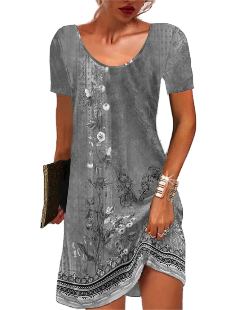 Mini-robe pour femme Priscilla, style bohème – imprimé floral, manches courtes et coupe fluide