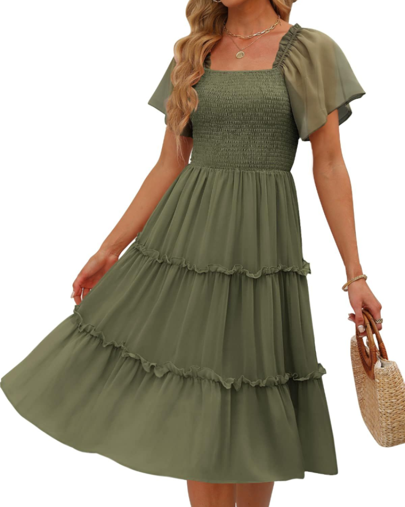 Madison Robe Femme Midi – Robe en Chiffon avec Col Carré et Volants