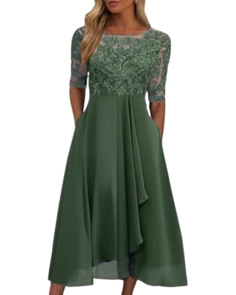 Victoria Vestito Donna Midi – Abito in Pizzo e Chiffon con Mezze Maniche
