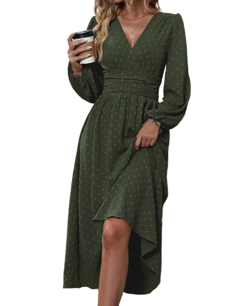 Naomi Abito Midi Donna – Vestito a Pois con Scollo a V, Vita Alta e Maniche Lunghe
