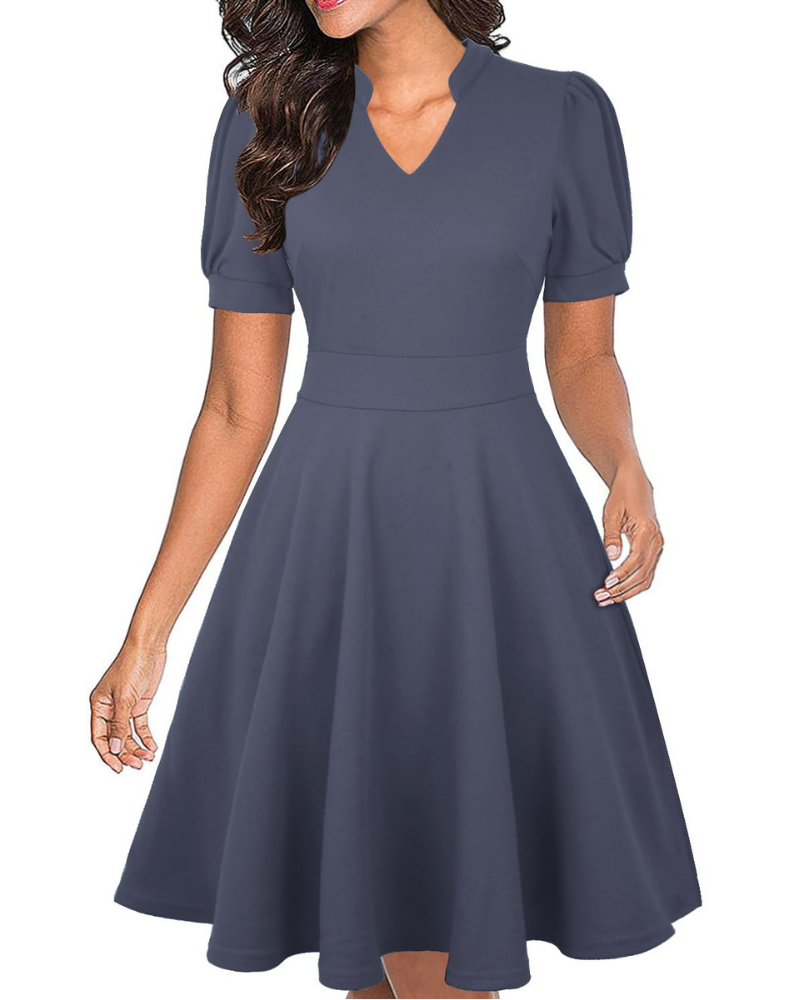 Bella Vestido Mujer – Vestido de Negocios Línea A con Escote en V, Mangas Abullonadas y Bolsillos
