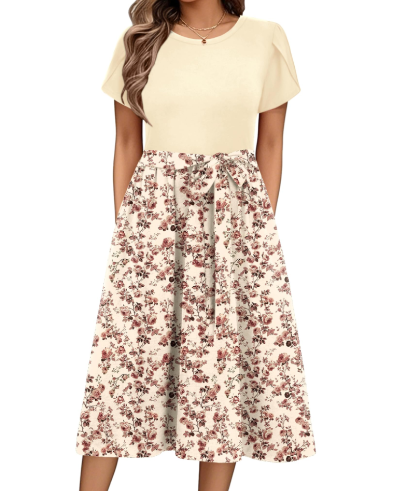 Maureen Abito midi dame med blomstermønster – ermer med kronbladdesign, justerbart belte og lommer