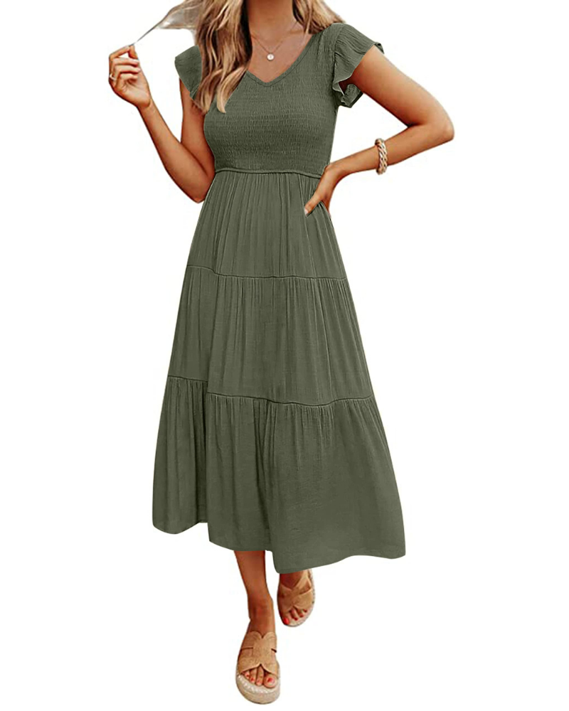 Sienna Abito Donna – Vestito Midi A-Line con Scollo a V, Maniche Flutter & Busto Smock