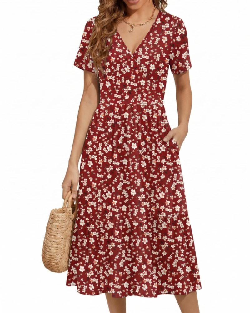 Heather Floral Women’s Midi Dress – V-Neck, High Waist, Short Sleeves, and Pockets