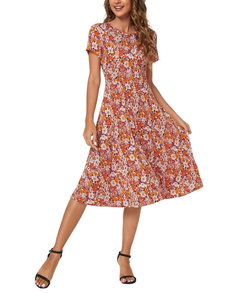 Hannah Abito Mujer – Vestido Floral a la Rodilla con Cuello Redondo, Mangas Cortas y Falda Acampanada