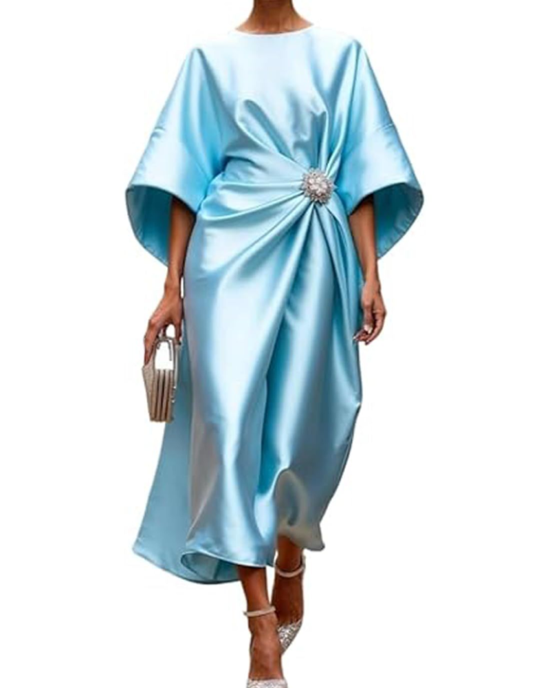 Natalie Abito Maxi Donna – Vestito Elegante in Raso con Maniche a Pipistrello e Vita Drappeggiata