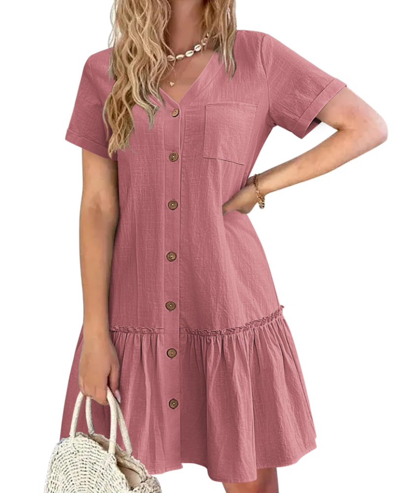 Felicity – Robe femme en coton et lin, col en V, boutons et jupe évasée