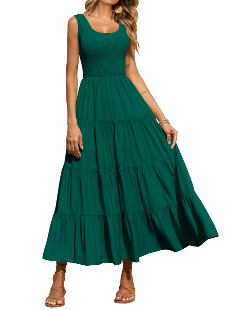 Sophie Abito Donna – Vestito Maxi Smock Senza Maniche con Vita Alta & Gonna a Balze