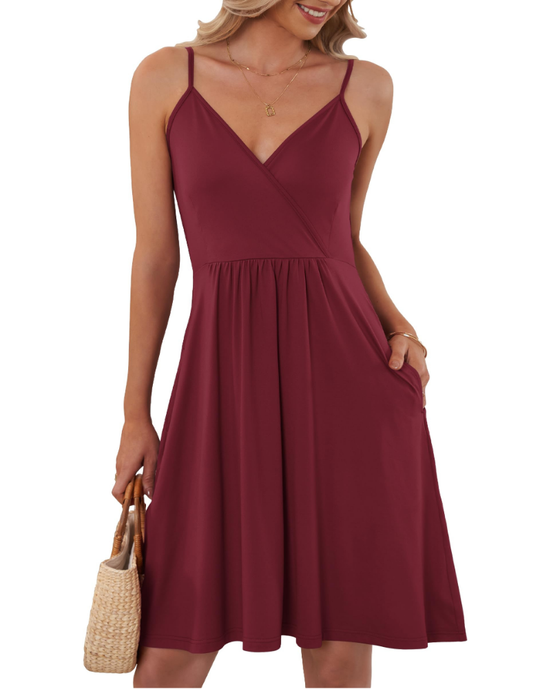 Everly Robe courte pour femme – Encolure en V, bretelles fines et poches latérales