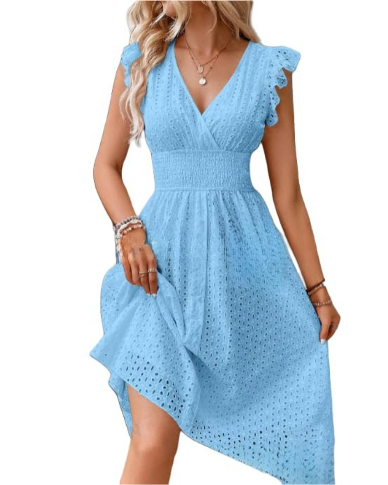 Imogen Robe d’été pour femme bohème – Col en V, manches à volants et broderies ajourées