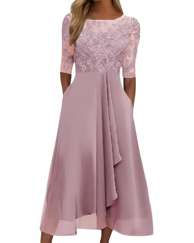 Victoria Vestito Donna Midi – Abito in Pizzo e Chiffon con Mezze Maniche