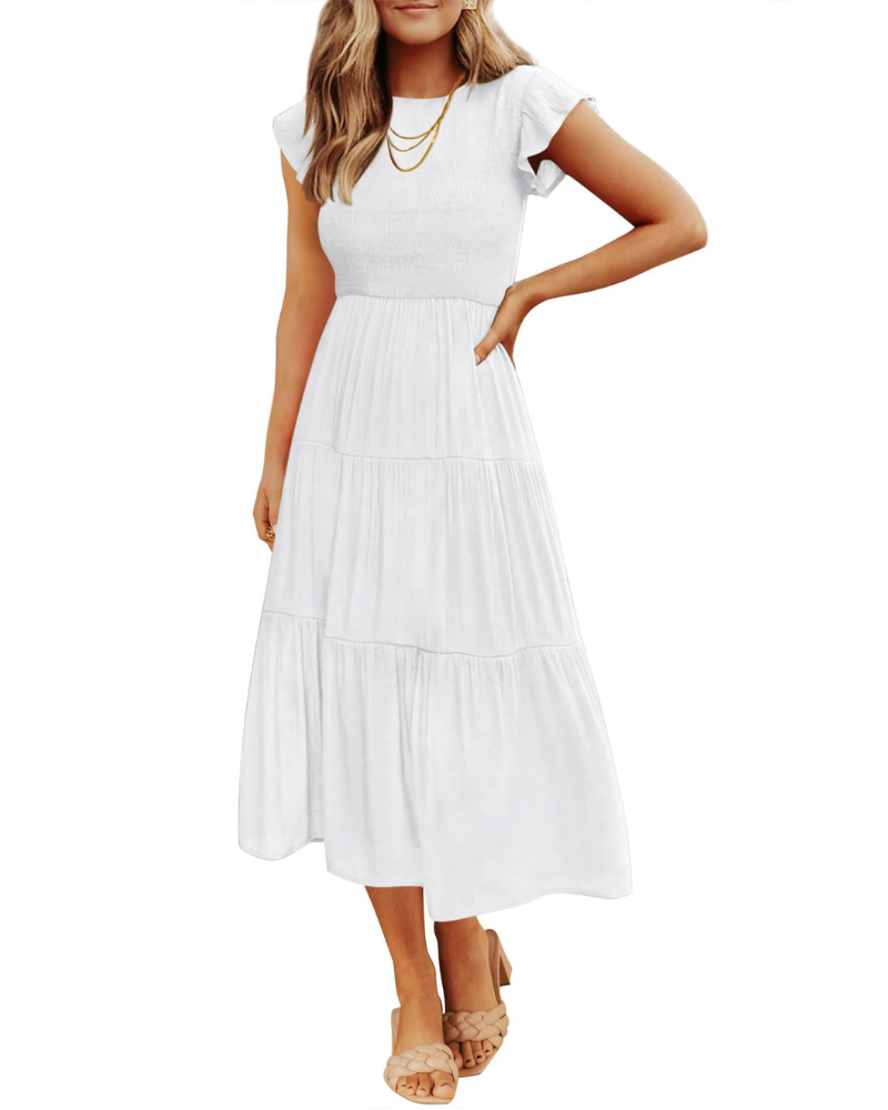 Grace Abito Mujer – Vestido Midi Cottagecore con Busto Fruncido, Mangas Volantes y Falda con Volantes