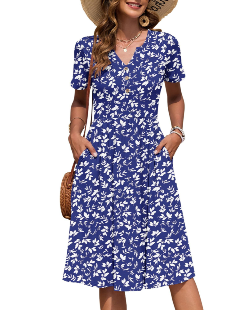Megan Abito Midi Donna – Vestito Estivo con Scollo a V, Vita Impero e Tasche