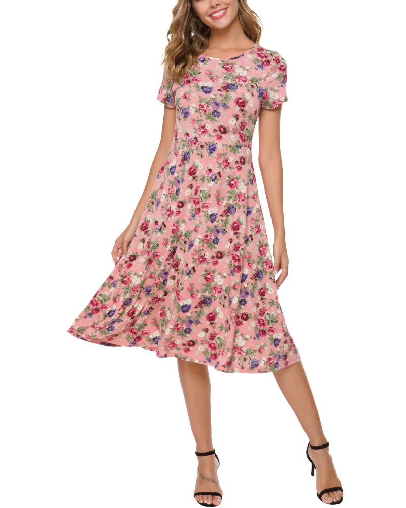 Hannah Abito Mujer – Vestido Floral a la Rodilla con Cuello Redondo, Mangas Cortas y Falda Acampanada