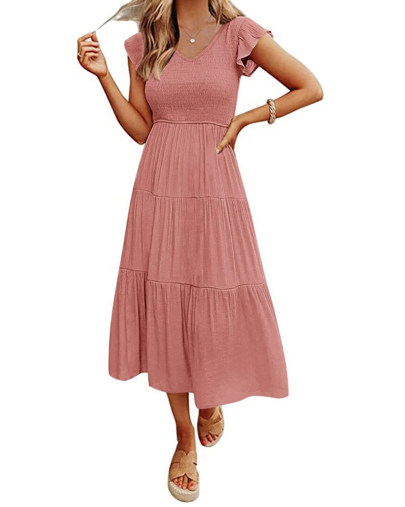 Sienna Abito Donna – Vestito Midi A-Line con Scollo a V, Maniche Flutter & Busto Smock