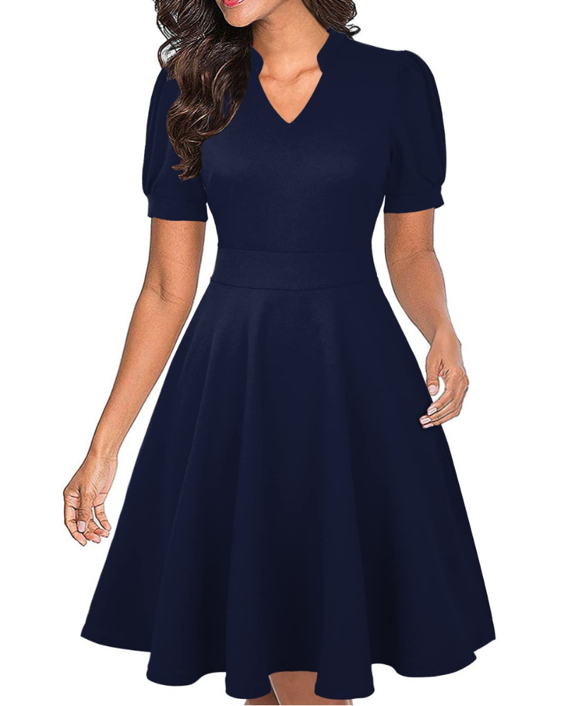Bella Vestido Mujer – Vestido de Negocios Línea A con Escote en V, Mangas Abullonadas y Bolsillos