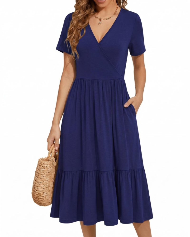 Heather Floral Women’s Midi Dress – V-Neck, High Waist, Short Sleeves, and Pockets