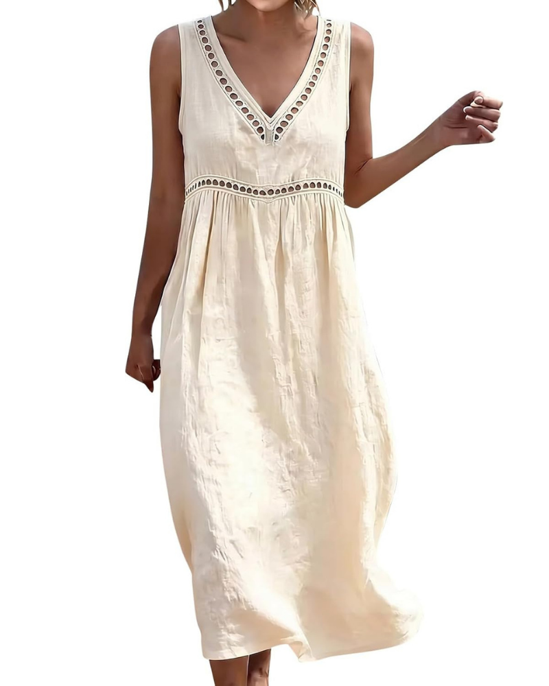 Hadley Curvy Women’s Long Dress – Cotton and Linen, V-Neck, Embroidery and Pockets