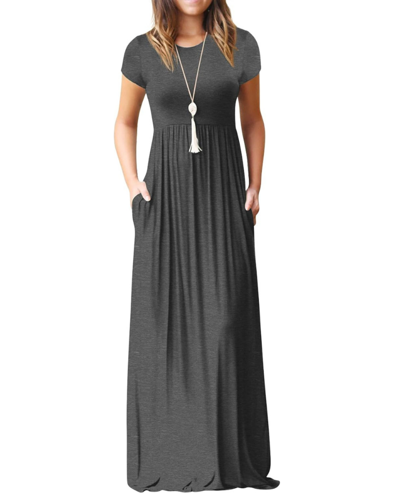 Delphine Abito Maxi Donna – Vestito Lungo con Girocollo, Vita Alta e Tasche