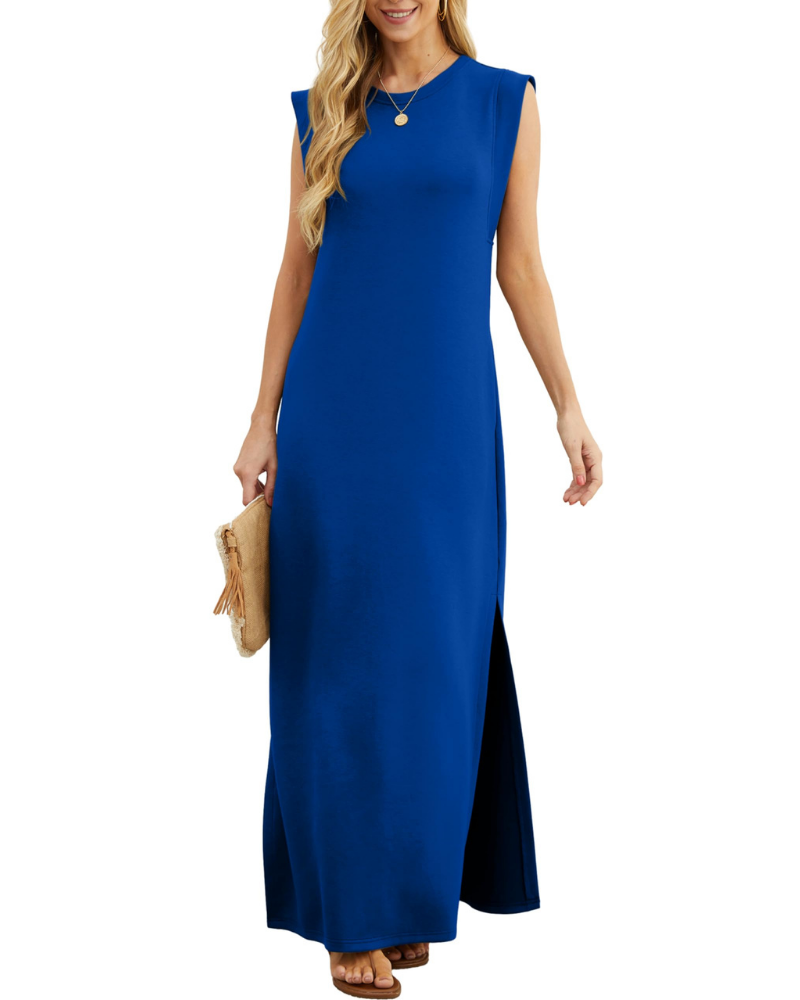 Emily Abito Mujer – Vestido Maxi de Verano Sin Mangas con Cuello Redondo, Bolsillos y Ajuste Fluido