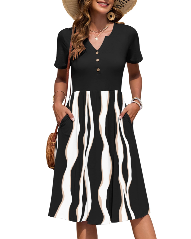 Corinne Abito Midi Donna – Scollo a V, Vita Impero Plissettata e Tasche