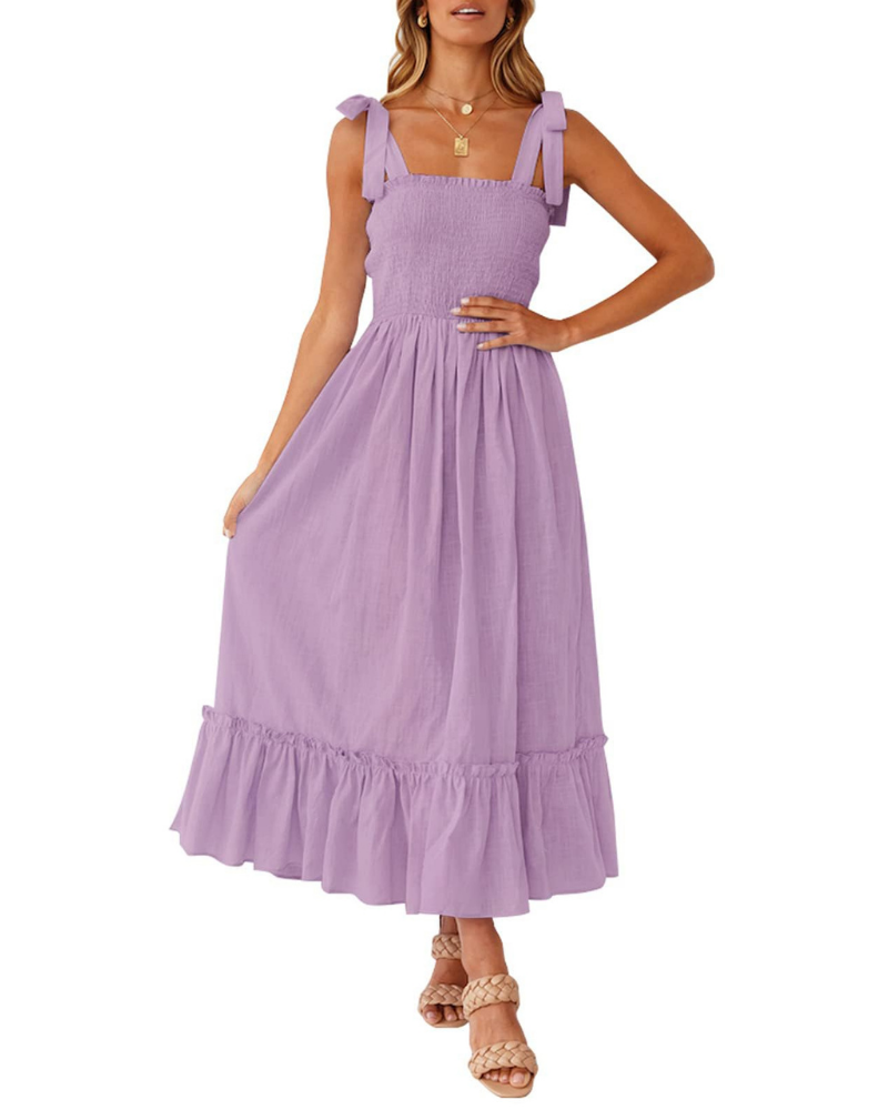 Robe Femme Amelia – Robe Bohème Florale avec Bretelles Nouées, Buste Smocké et Jupe à Volants